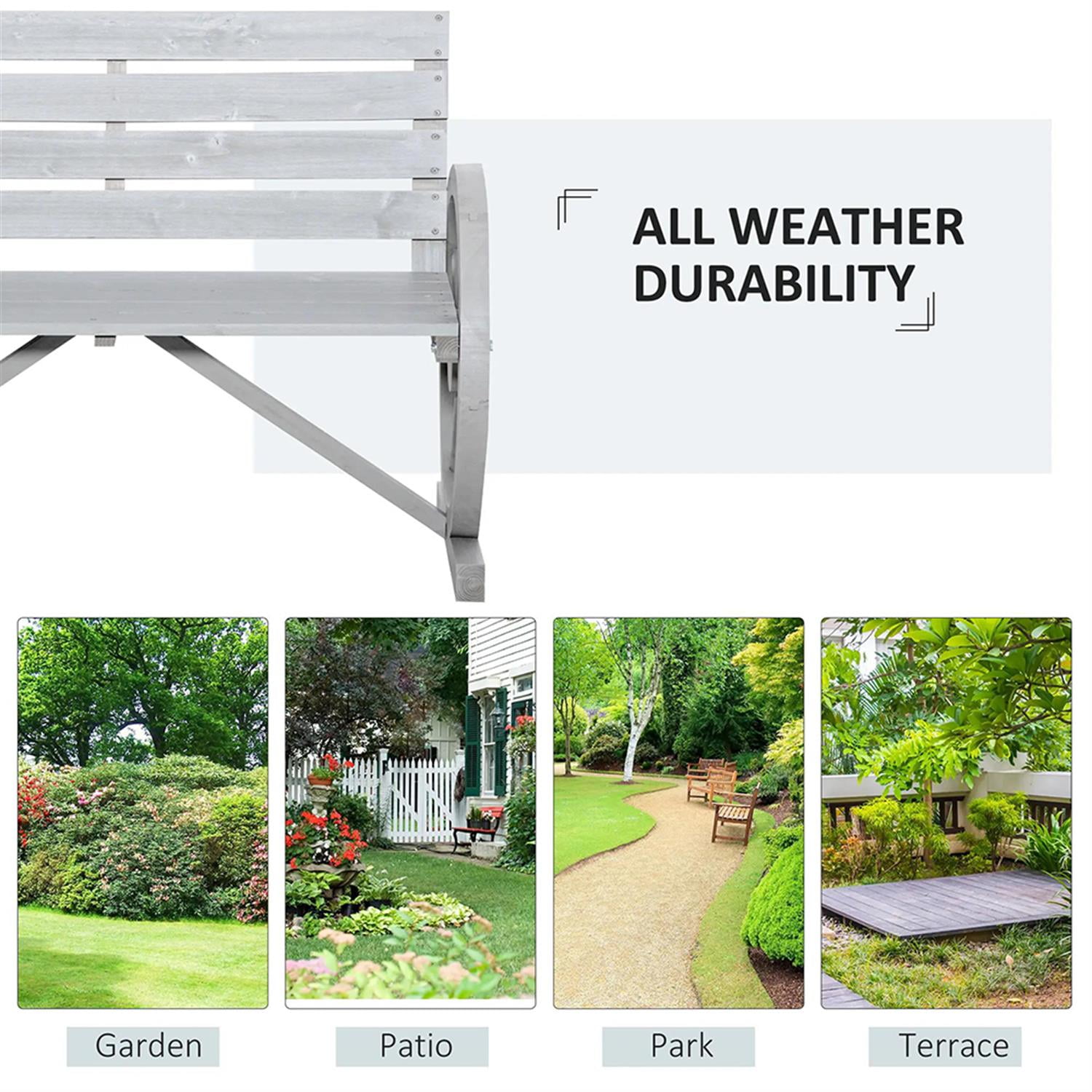 Demi Bonn 41" Patio Garden Bench Wooden Wagon Wheel Bench, Outdoor Benches Furniture with Backrest for Backyard, Park, Lawn, Yard, Gray