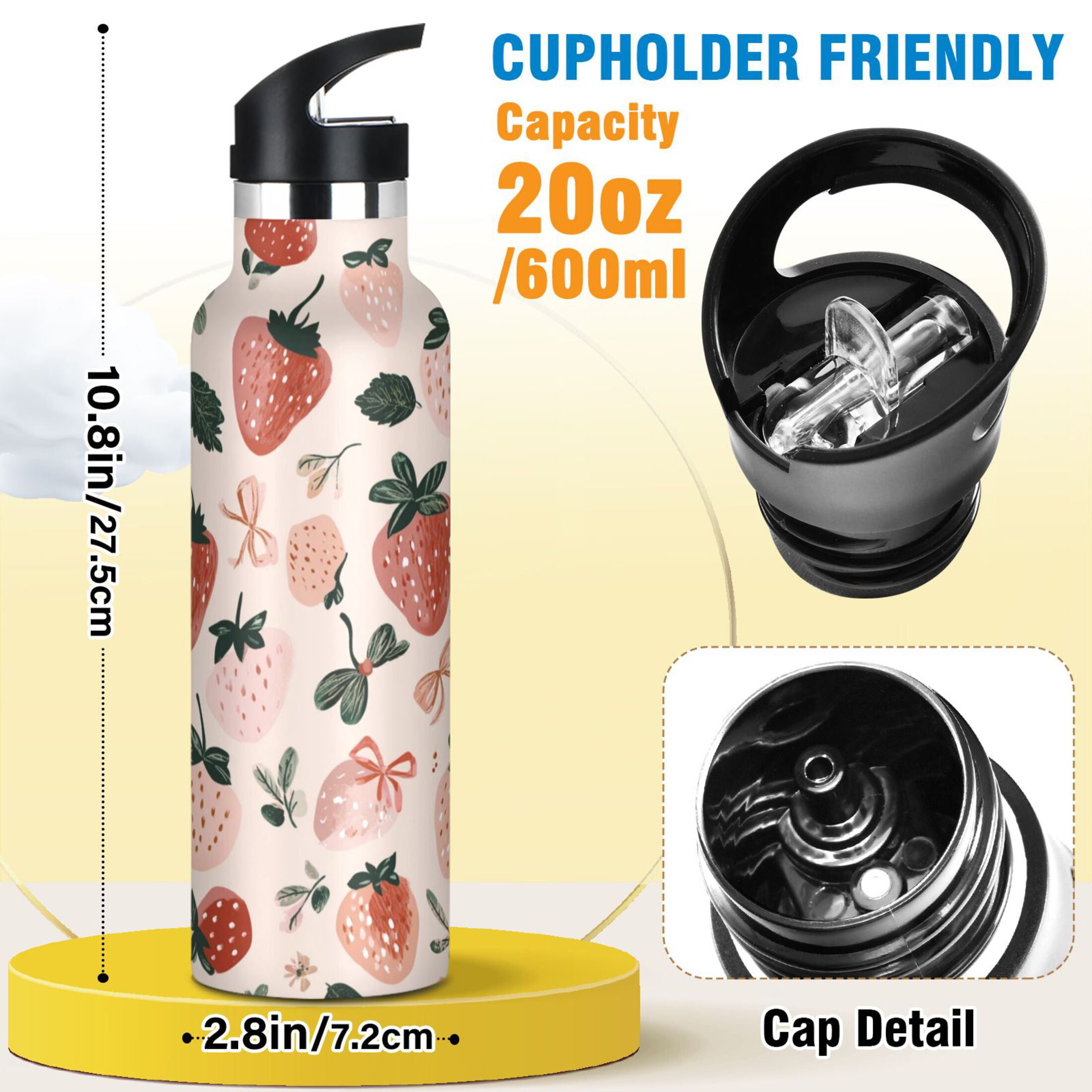 Kids Insulated Stainless Steel Sports Water Bottle 600ml (20oz) Cute Pinks Strawberries