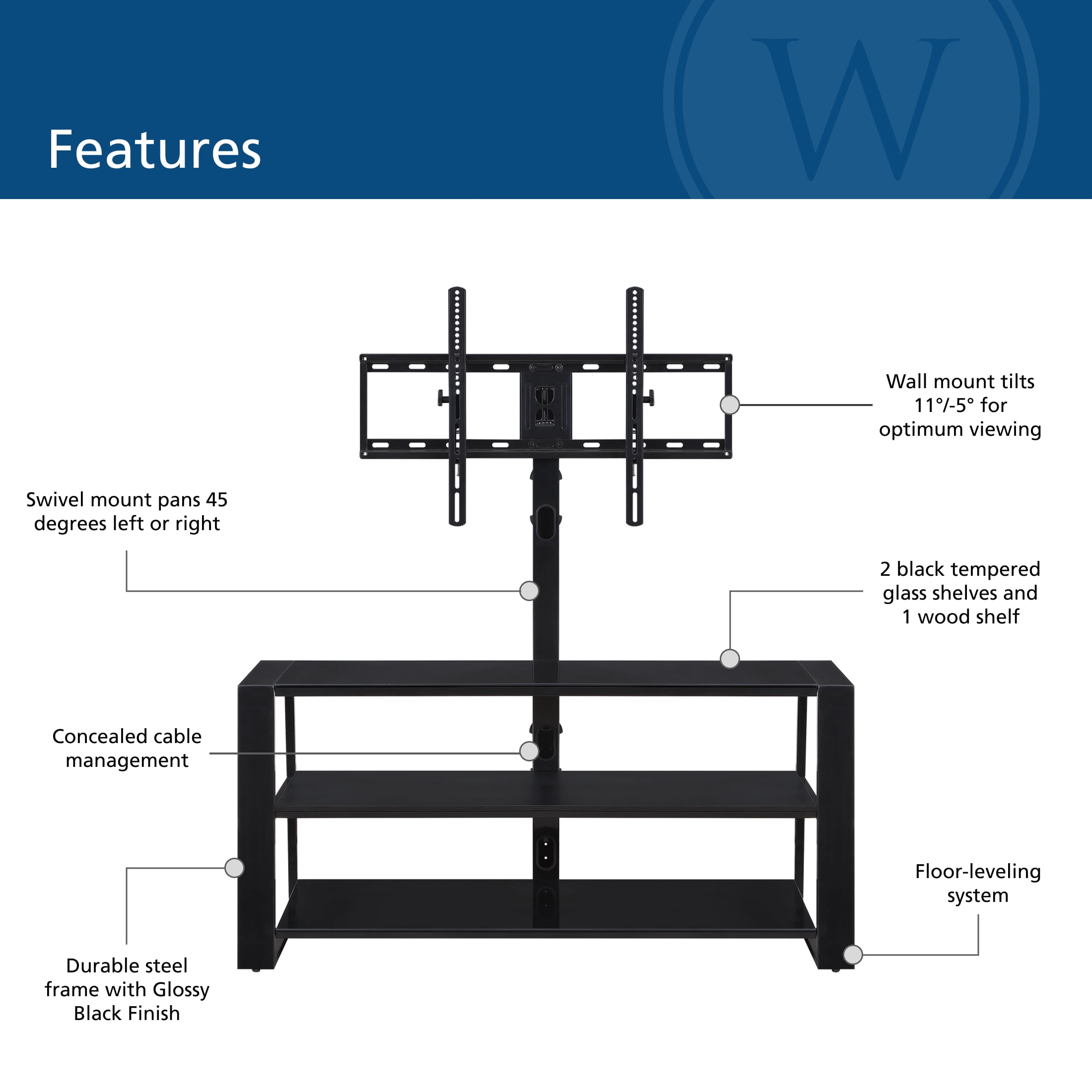Whalen Zane 3-in-1 TV Stand for TVs up to 70 inch, Glassy Black Finish