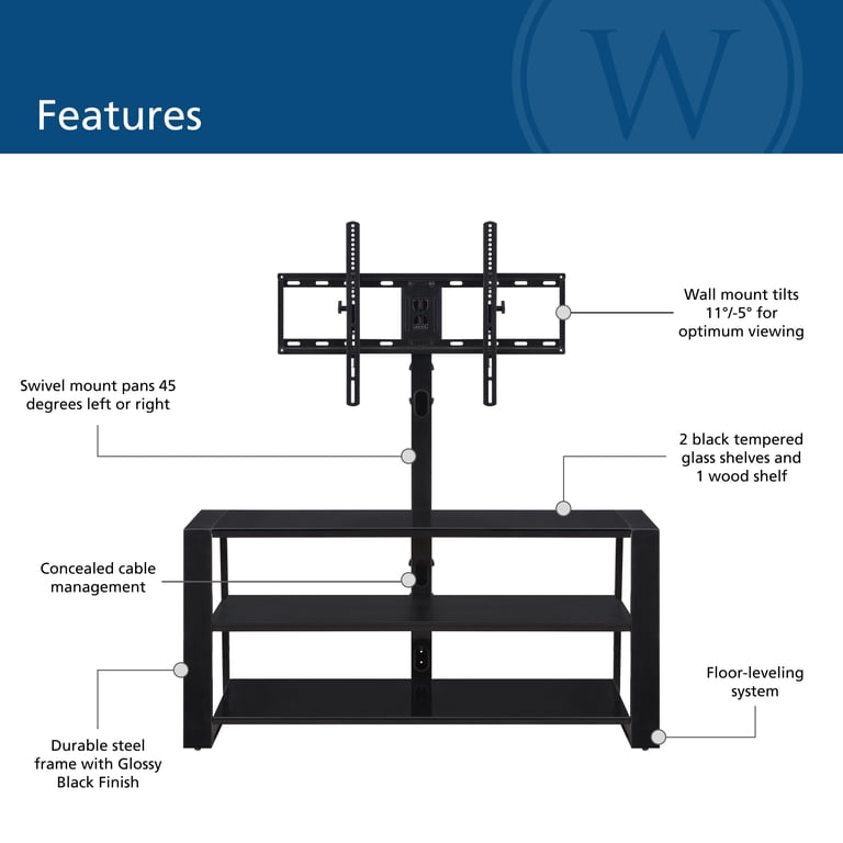 Whalen Zane 3-in-1 TV Stand for TVs up to 70 inch, Glassy Black