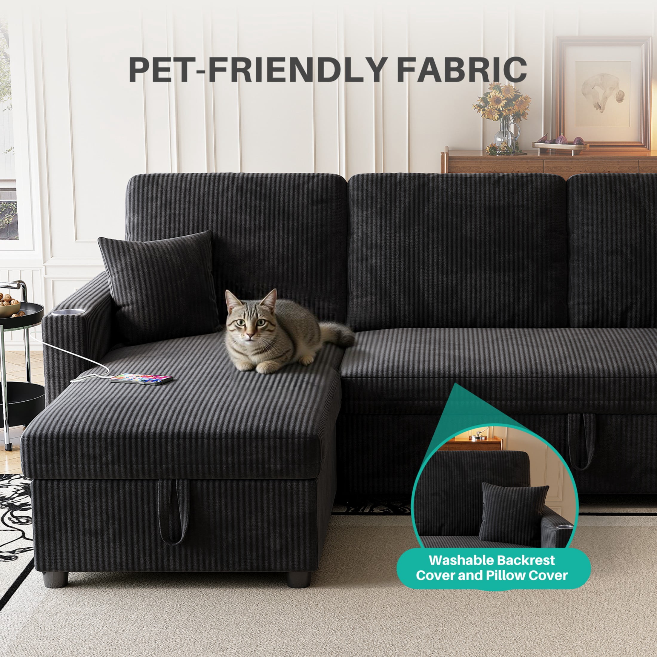 Sleeper Sectional Sofa, 83" Convertible Sofa Bed with Pull Out Couches, Small Desktop, L Shaped Couch with Reversible Chaise, Cup Holders, USB, Modern Corduroy Sofas for Living Room Apartment, Black