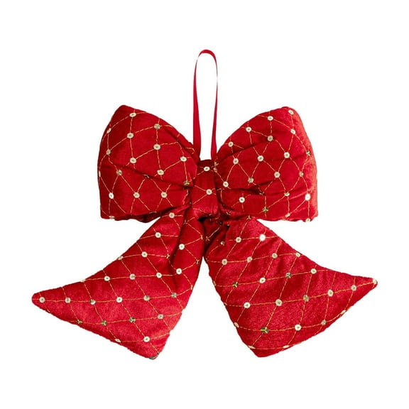 Red Velvet Christmas Bow Ornament – Large Flocking Decorative Tree Topper with Hanging Loop – Holiday Gift Wrap, Wreath, Banister & Party Décor, S