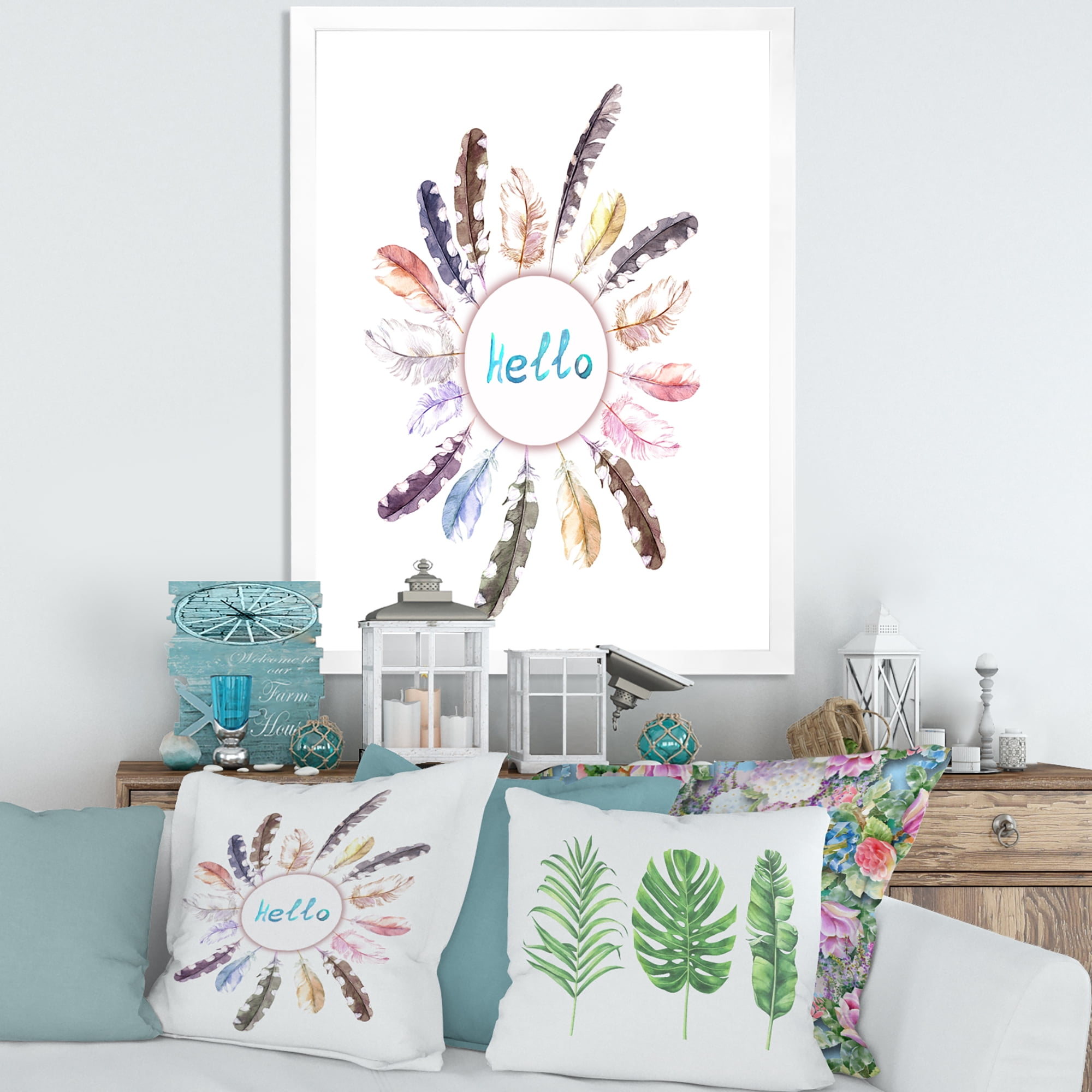 Designart 'Ancient Round Wreath With Birds Feathers' Bohemian & Eclectic Framed Art Print