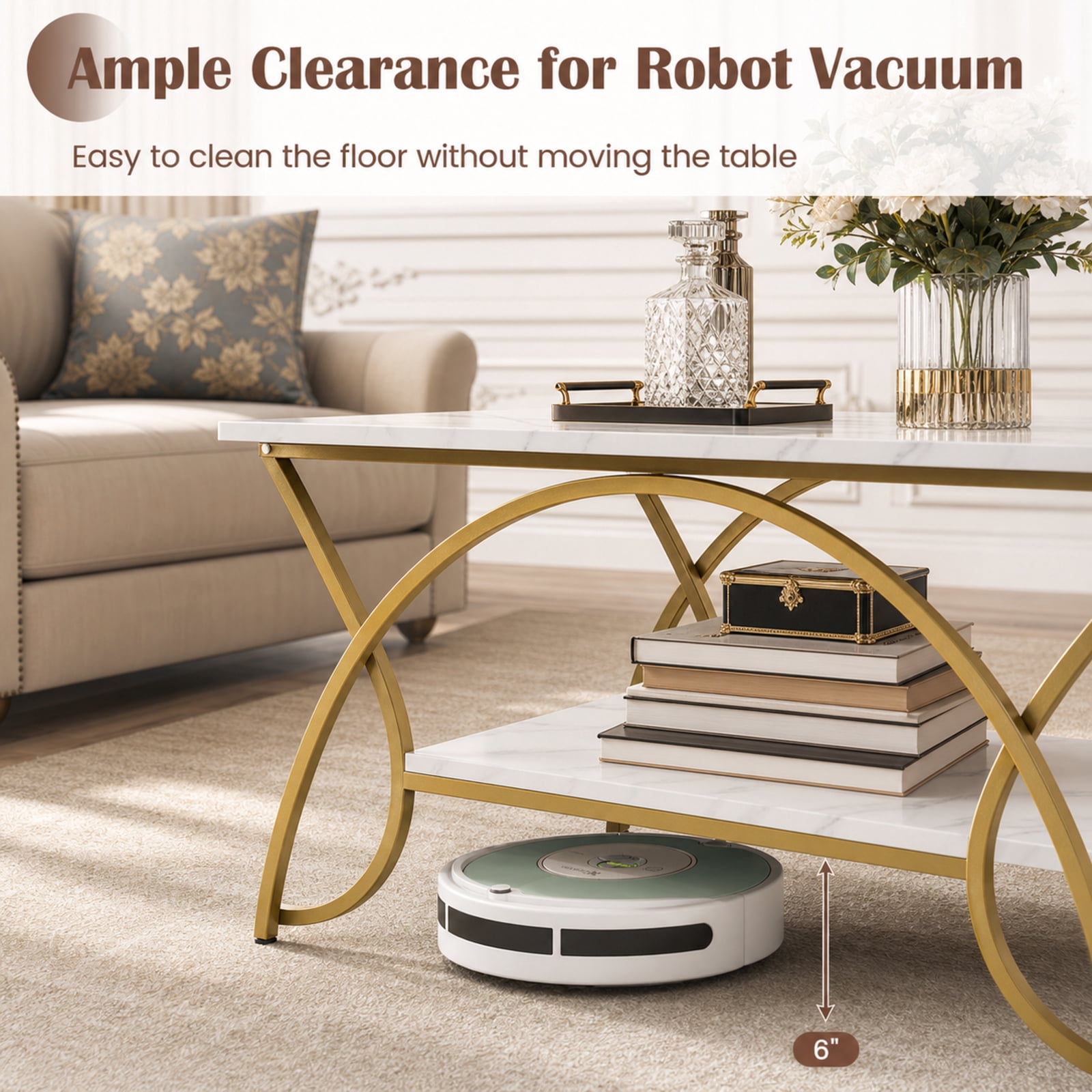 Furnibear 2-Tier Coffee Table Gold Rectangle for Living Room for Living Room Home Office Apartment Sofa Couch Center, White