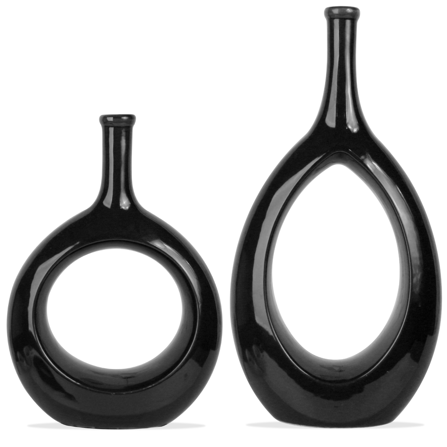 SANFERGE Set of 2 Black Ceramic Hollow Oval Vase with Hole in Center
