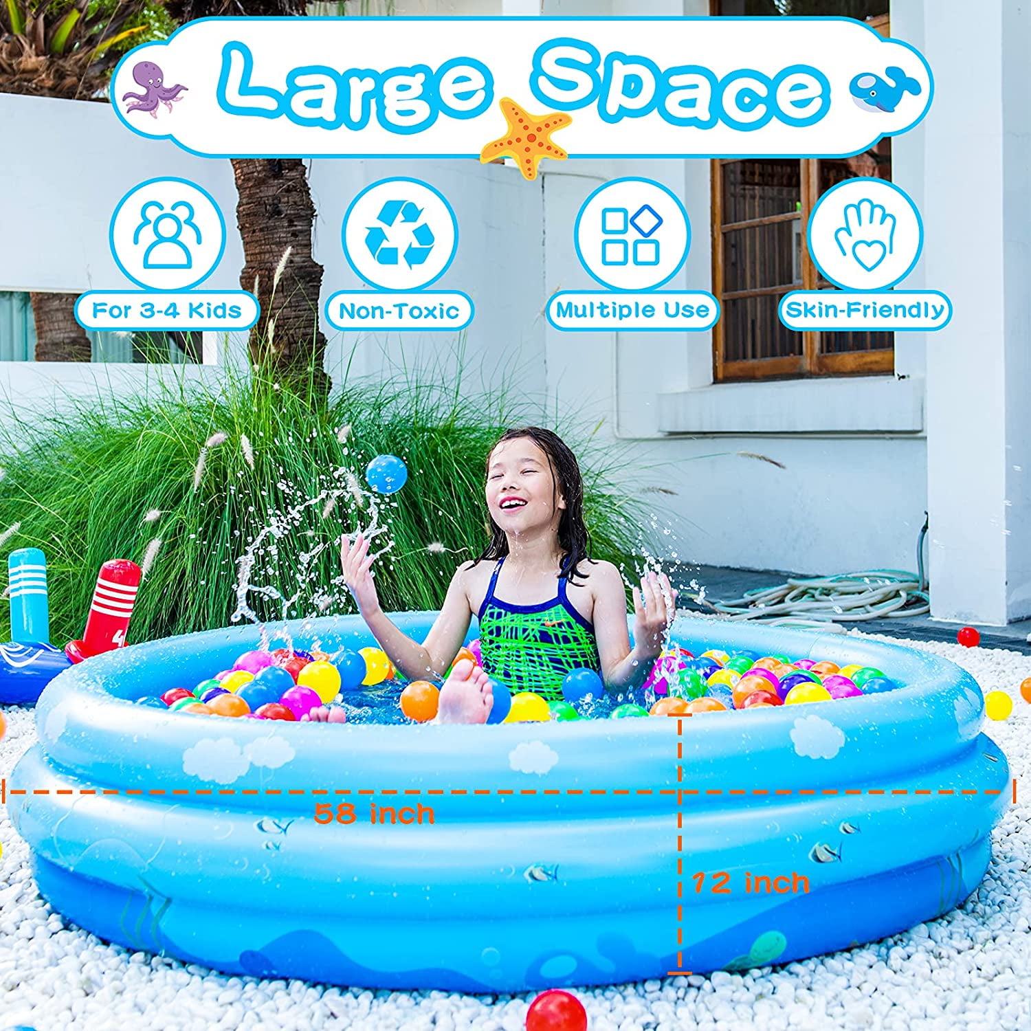 Kiddie Pool Inflatable for Kids - Swimming Pool for Toddlers Babys - 3  Rings Pool for Kids - Small Portable Round Pool with Soft Bubble Bottom for  