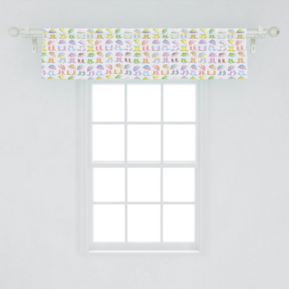 Ambesonne Umbrella Window Valance, Funny Colorful Fashion Fall Season Boots and Rain Drops Childish Style, Curtain Valance for Kitchen Bedroom Decor with Rod Pocket, 54" X 12", Baby Blue Multicolor