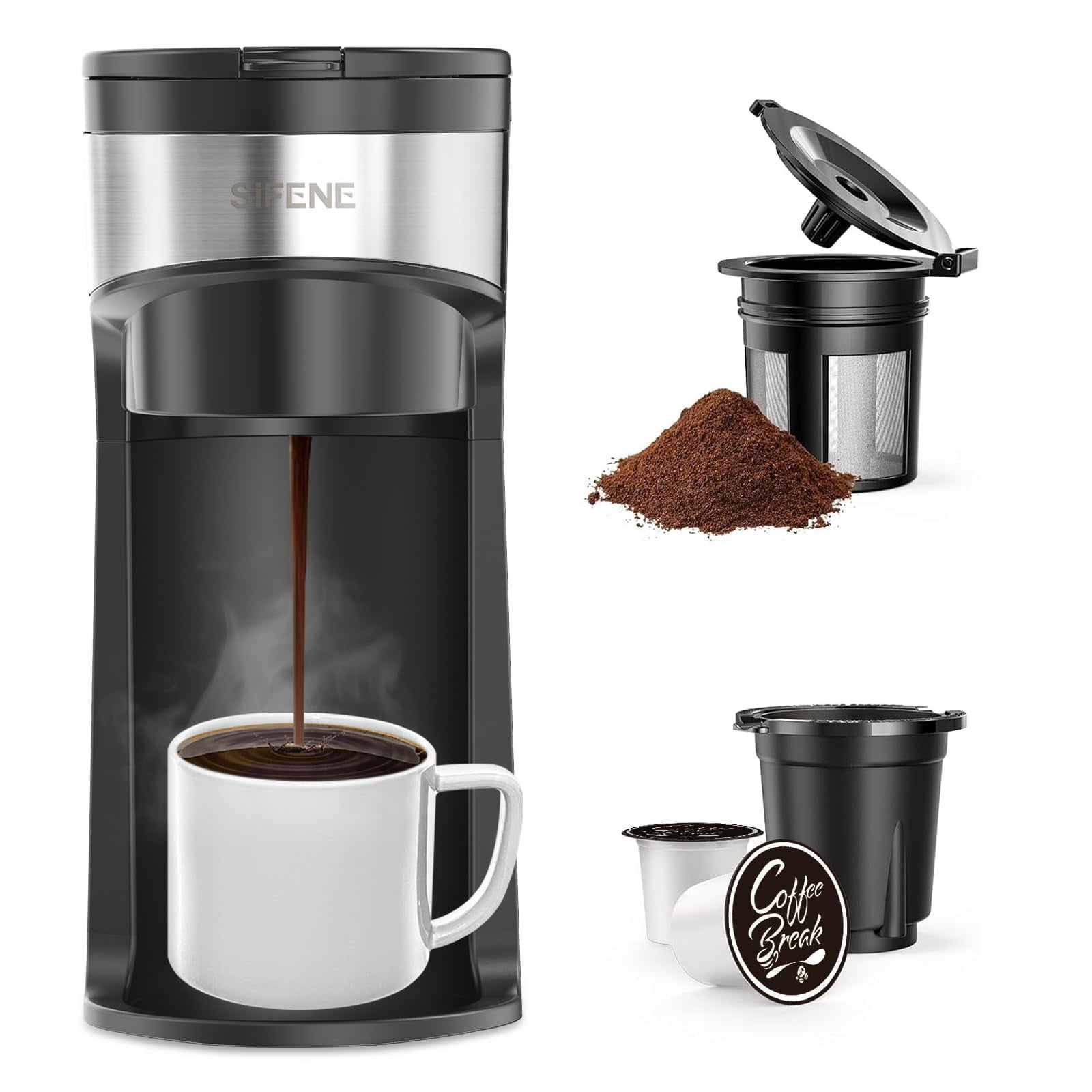 SiFENE Mini 2-in-1 Single Serve Coffee Maker - K Cup & Ground, Descaling, Red