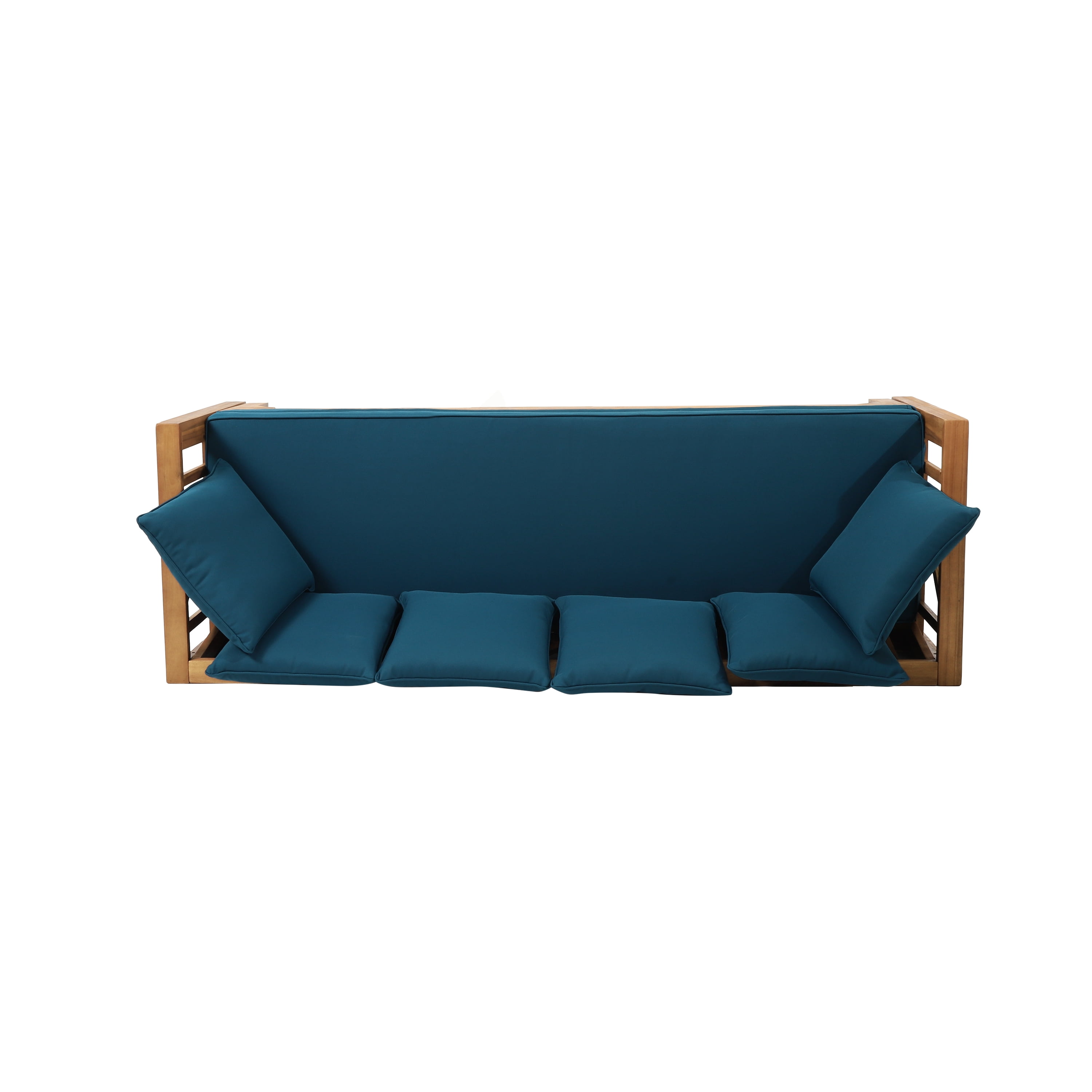 Outdoor Extendable Acacia Wood 3 Seater Sofa, Upholstered Cushion Couch, Daybed Sofa Chair, Spacious Seating Lounge Chair, Patio Daybed Sofa for Garden Yard