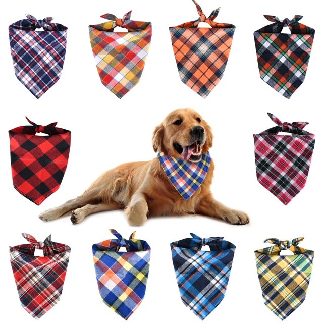 10 Pack Triangle Dog Bandanas, Plaid Bibs Scarf Washable and Adjustable Kerchief Set for Dogs Cats Pets