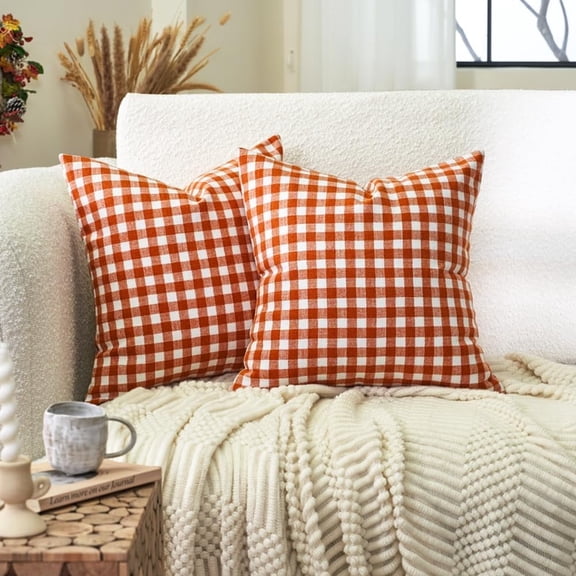 Gingham Checkered Orange Plaid Fall Pillow Covers, Autumn Decor Farmhouse Checkered Decorative Throw Pillow Covers 18 x 18, Fall Pillows for Couch Sofa (No Pillow Inserts)