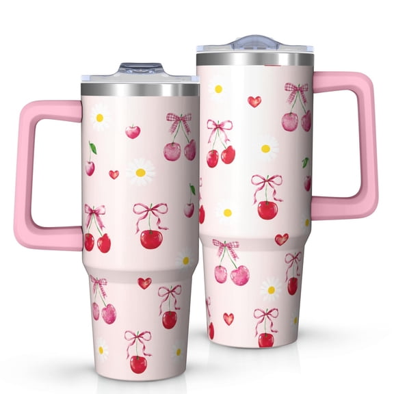 30 oz Cherry Tumbler with Handle and Straw Lid Double Wall Vacuum Drinks Hot or Cold Water Bottle Reusable Stainless Steel Travel Mug Gift for Women