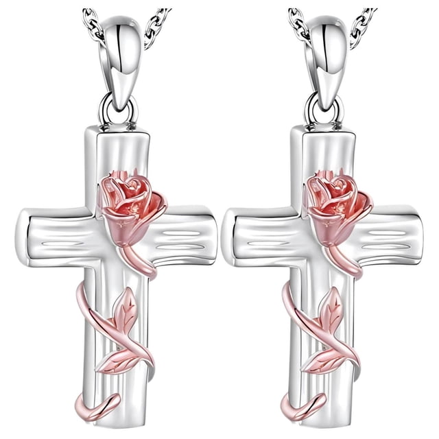 Cadenas de Cruz y Rosa RoseGrace05 2Pzas Plata Collar Cruz/Rosa Dije 2x3cm Metal.