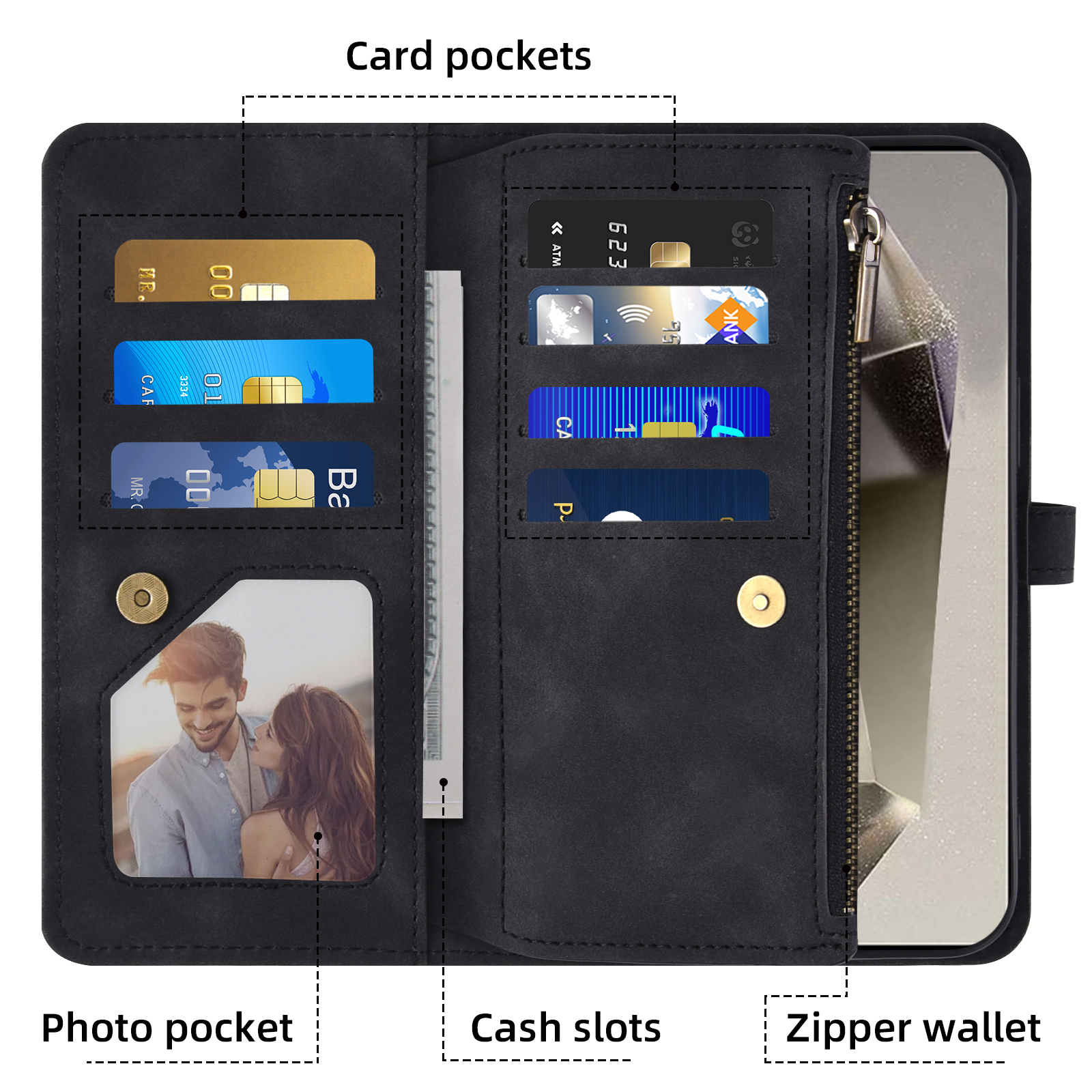 Asuwish Phone Case for Samsung Galaxy S24 Ultra 5G Wallet Cover With Tempered Glass Screen Protector Crossbody Wrist Strap Flip Pattern Zipper Credit Card Holder Cell S24Ultra 24S S 24 24Ultra Black