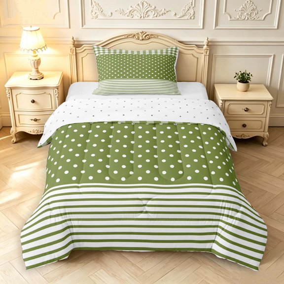 Manfei Classic Plaid Twin Comforter Sets,Cute Polka Dot Bedding Set,Olive,Reversible,2pcs,1 Comforter and 1 Pillowcase,2pcs,1 Comforter and 1 Pillowcase