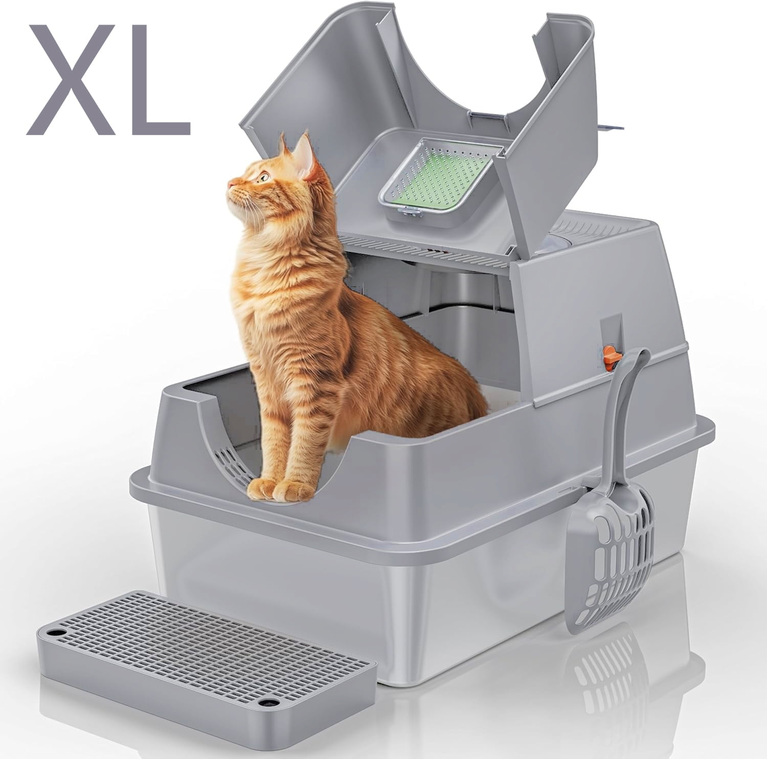 XL Stainless Steel Cat Litter Box, Extra Large Litter Box for Cats, Enclosed Metal Kitty Litter Box with Litter Scooper, Odor-Urine-Proof, Non-Sticky, Easy Rinse Cleaning,Light grey