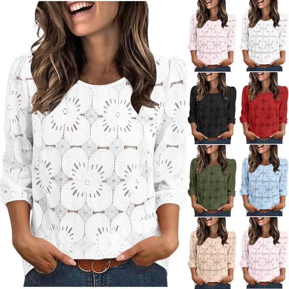 Paiwinds Women's 3/4 Sleeve Lace Pullover Top Casual Hollow Out Blouse Soft Polyester Spandex Solid Color