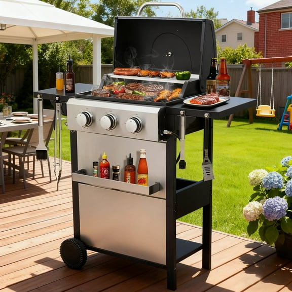 Vacmaster 3-Burner Propane Gas BBQ Grill, Stainless Steel barbeque Grill,25650BTU Output with Porcelain-Enameled Cooking Grids, Built-in Thermometer, Easy Assembly For Outdoor, Foldable Side Table