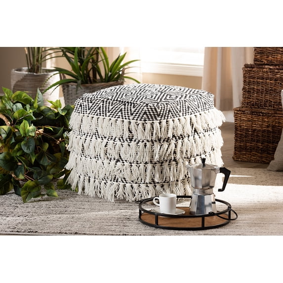 Skyline Decor Black and Ivory Handwoven Wool Tassel Pouf Ottoman