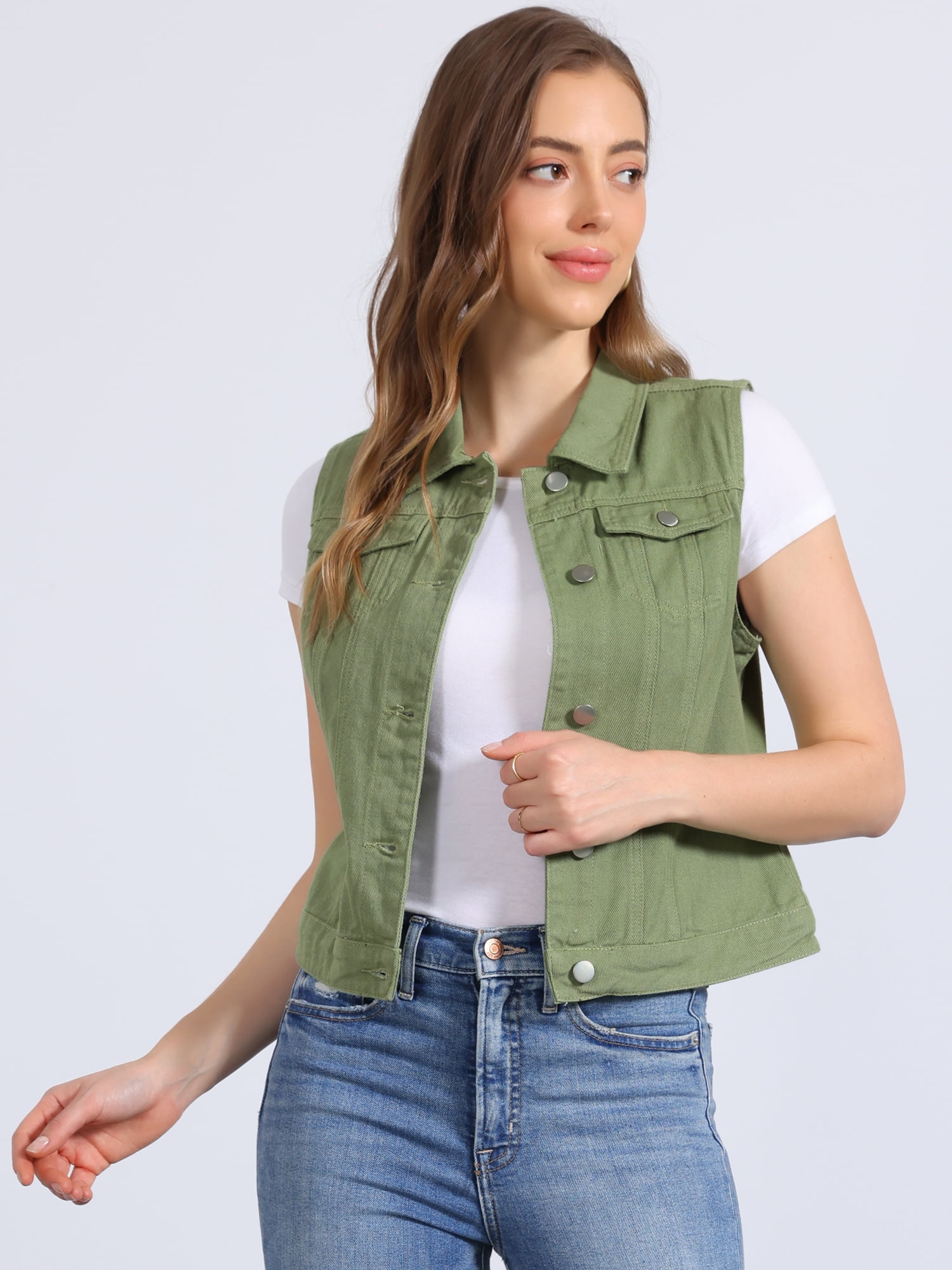 DARING DIVA Women's Denim Sleeveless Flap Pockets Vest Jacket M Pea Green