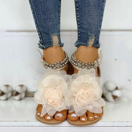

Bescita Women Shoes Clearance Summer Women Flat String Bead Sandals Bohemian Style Flower Buckle Strap Shoes Special offers White 9