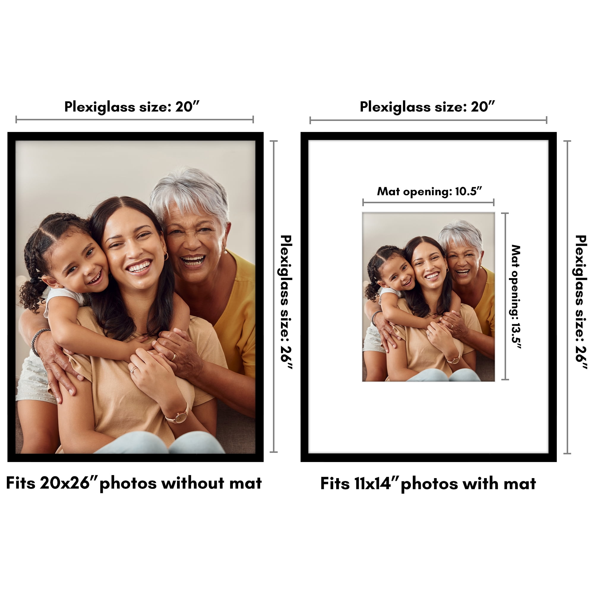 Americanflat 20x26 Picture Frame with Polished Plexiglass with 11x14 Mat Display Photo Streamline - Black