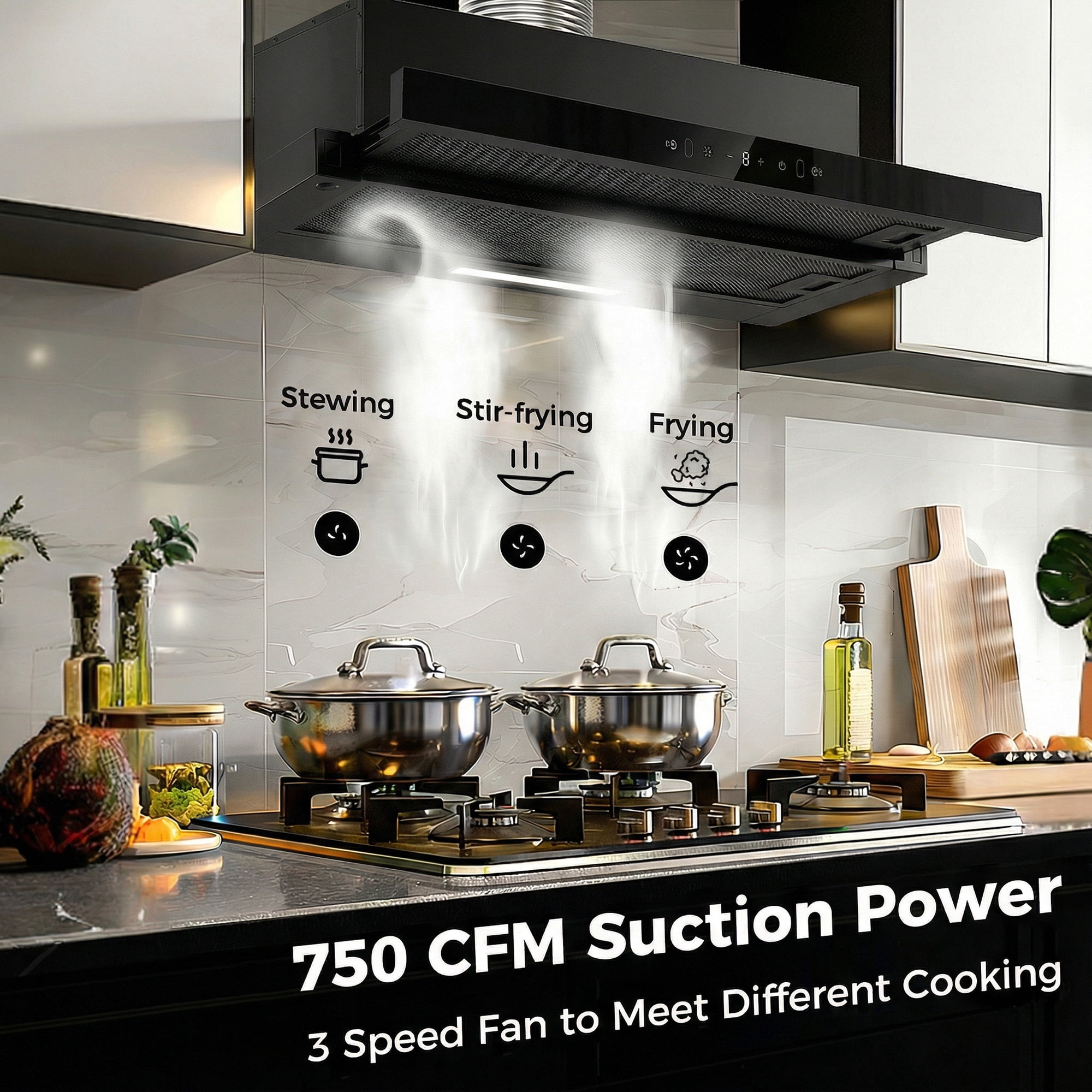 Advwin 30 Inch Range Hood Under Cabinet, 750 CFM Kitchen Vent Hood, Gesture & Touch Control, Black
