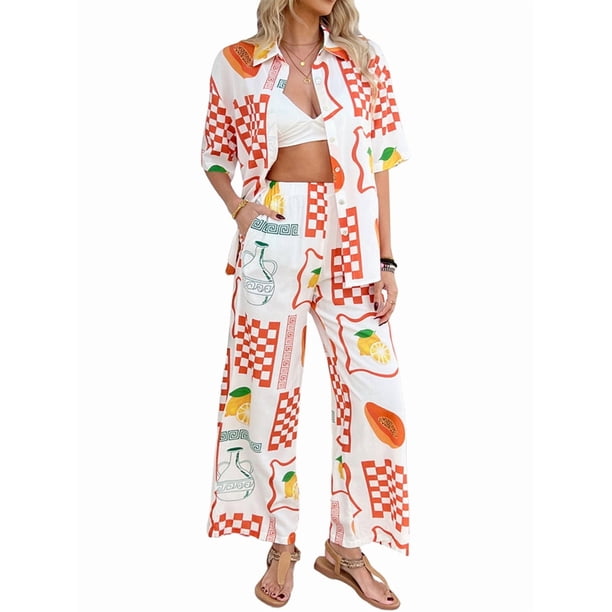 Conjunto de 2 Piezas de Chándal de Verano para Playa con Camisa de Corta y Botones para Mujer, Top Estampado, Pantalones Cortos de Descanso Flores de Frutos Blancos XL