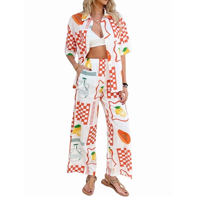 Conjunto de 2 Piezas de Chándal de Verano para Playa con Camisa de Corta y Botones para Mujer, Top Estampado, Pantalones Cortos de Descanso Flores de Frutos Blancos XL