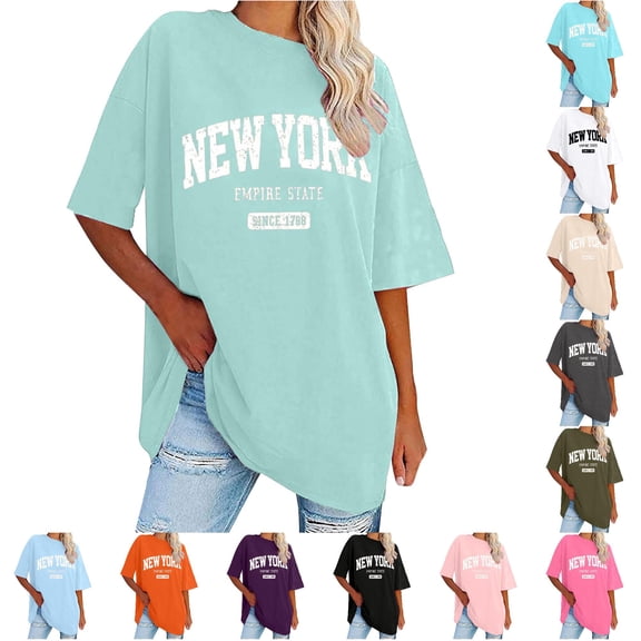 Trendfront Womens Graphic T Shirt Crewneck Short Sleeve New York Oversized Retro State Letter Print Summer Fashion Casual Slouchy Tops