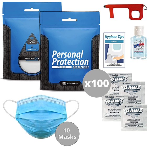 Go2Kits Multi-Day Personal PPE Kit for the Car, Office or Home and To-Go (PPE600) 100 Pack