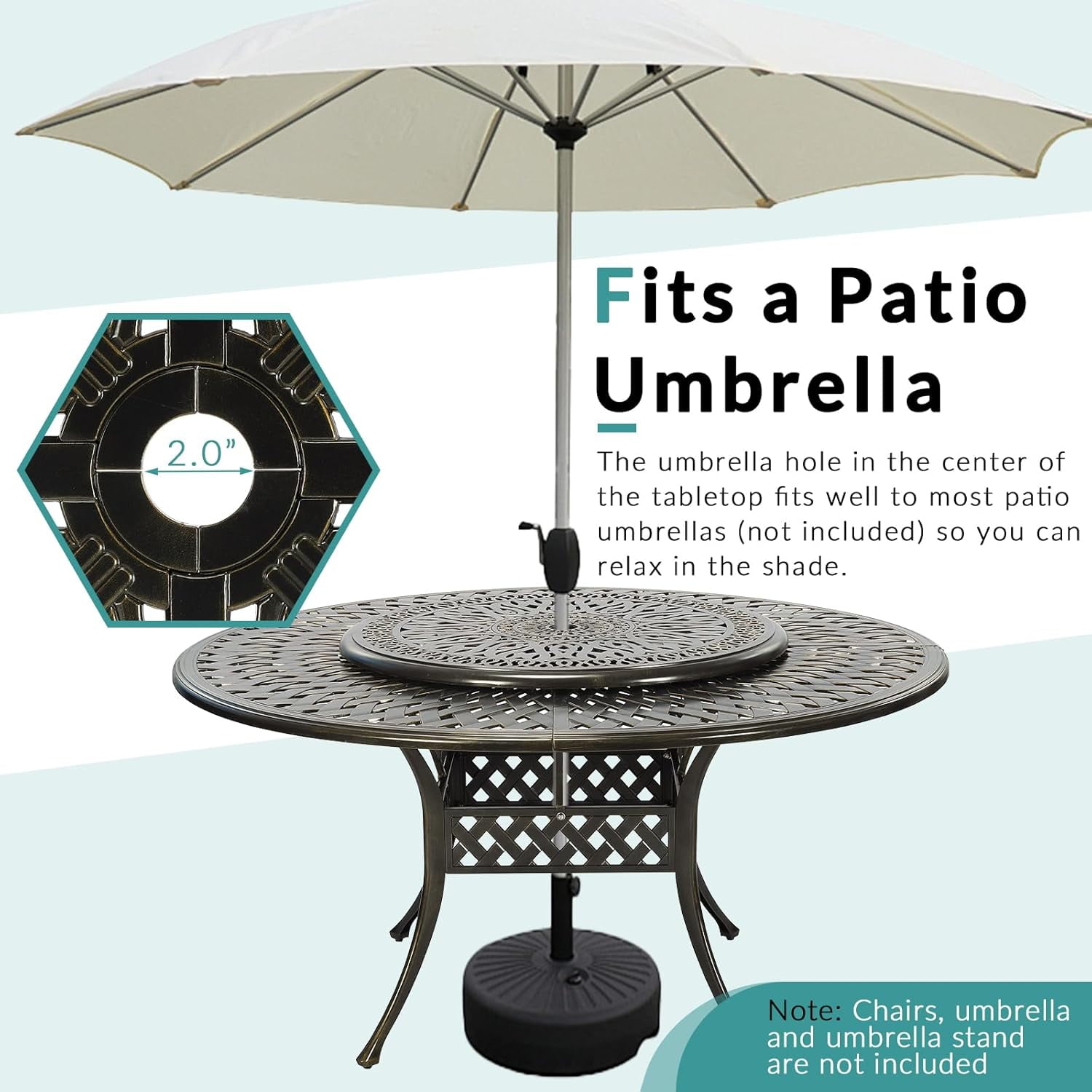 MEETWARM Outdoor 61" Round Patio Dining Table with Detachable Lazy Susan, All Weather Cast Aluminum Large Patio Furniture Table Set for 8 Seat with 35.4" Rotating Tray, Umbrella Hole, Dark Bronze