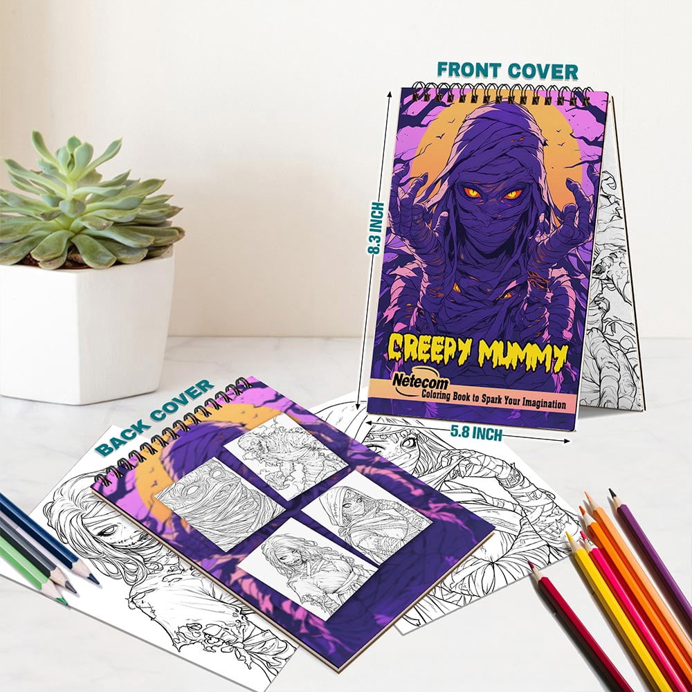 Netecom Creepy Mummy Coloring Book for Adults, A5 Wooden Cover, 30 Spooky Coloring Pages of Ancient Mummies for Stress Relief and Relaxation, Spiral Bound Edition