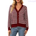 thumbnail image 2 of Lixiuxyad ‌Women's V-Neck Striped Knit Cardigan Long Sleeve Button-Front Summer Knit Tops,Red, 2 of 6