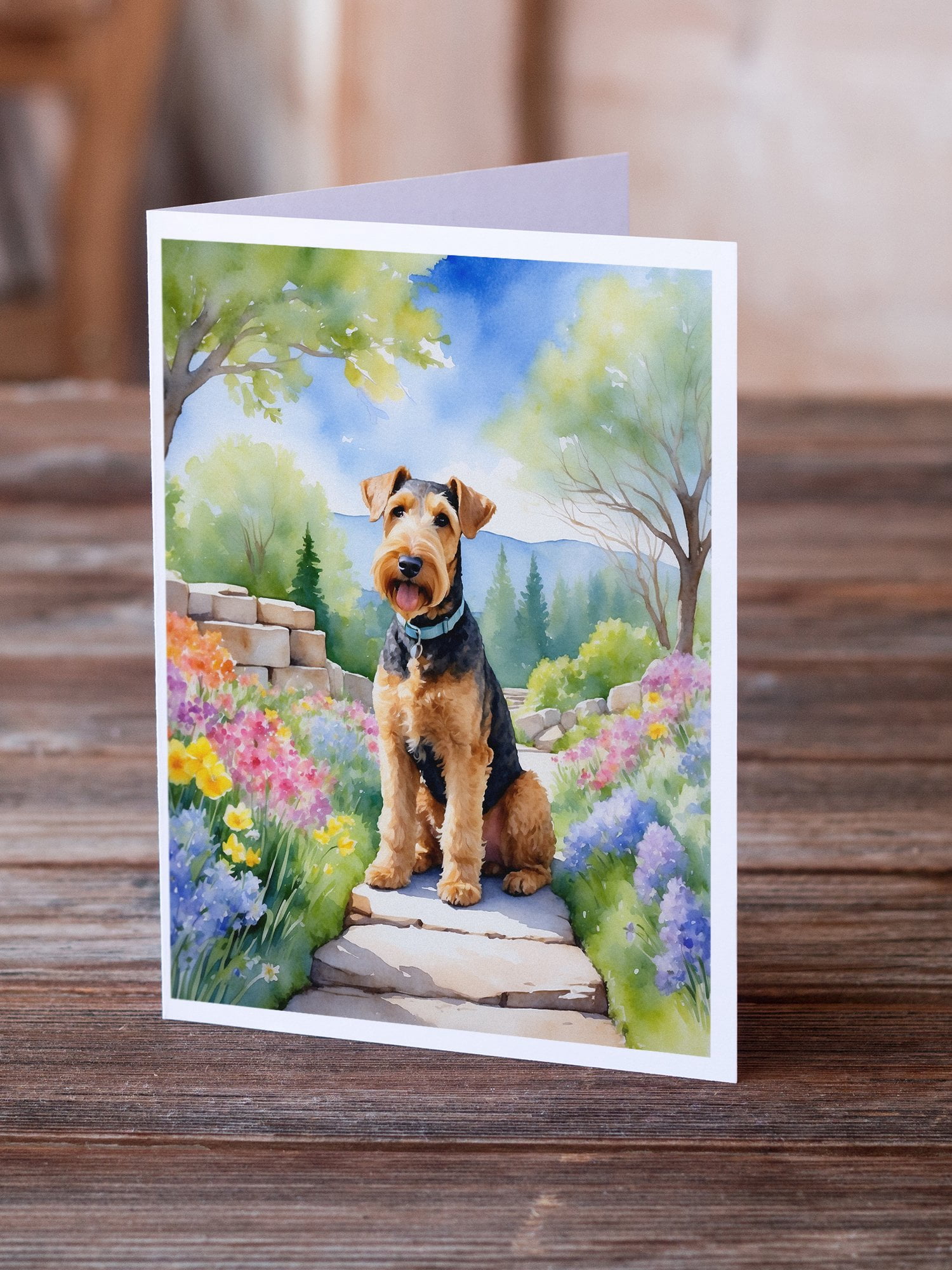 Airedale Terrier Spring Garden Greeting Cards Pack of 8 7 in x 5 in