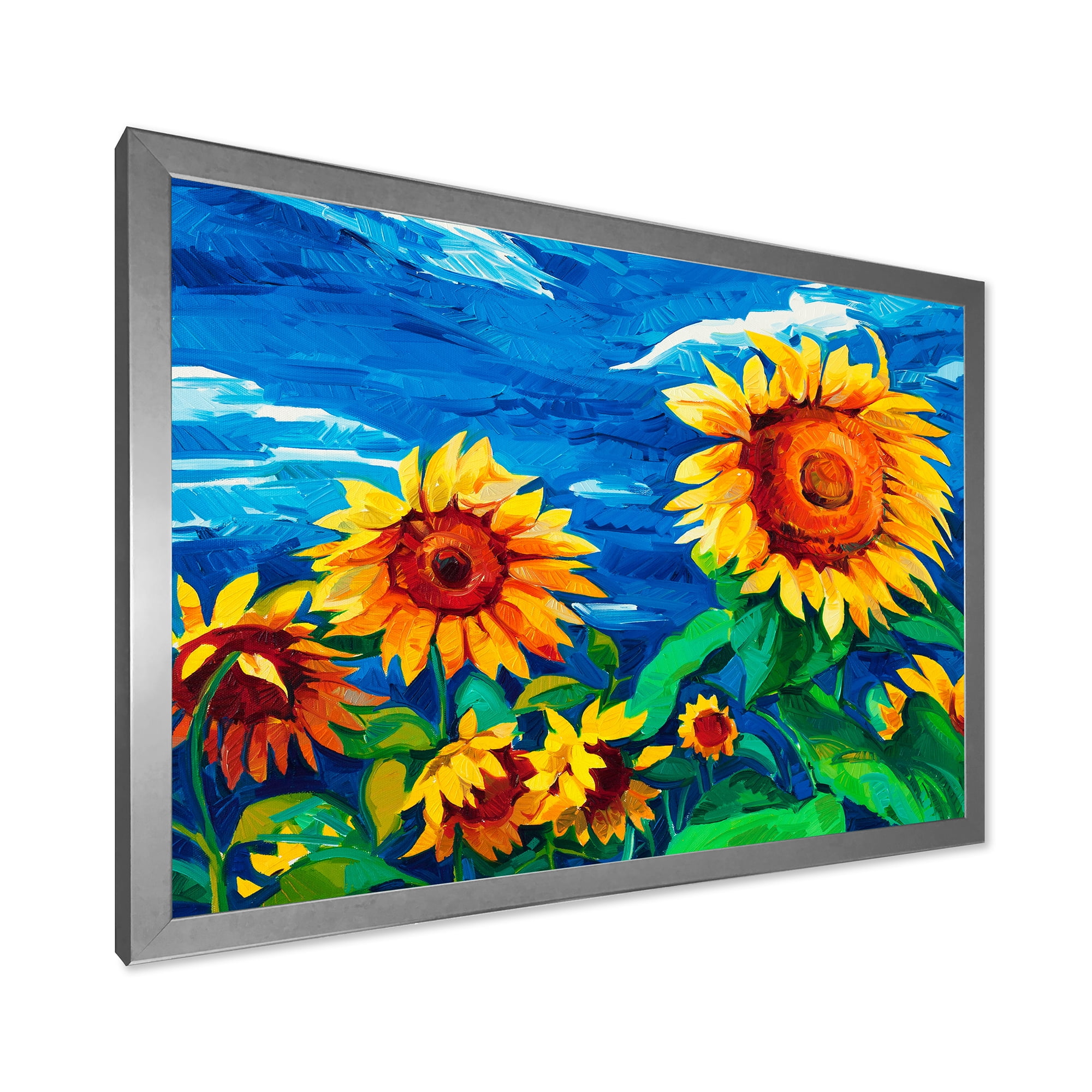Designart 'Sunflowers Field Under A Bright Blue Sky' Traditional Framed Art Print