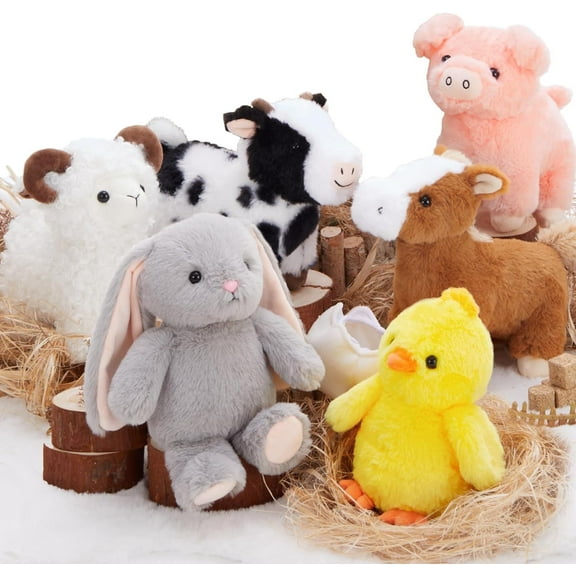MorisMos 6Pcs Farm Animal Stuffed Animals Bulk with Cow/Horse/Sheep/Pig/Bunny/Chick Plush Toys
