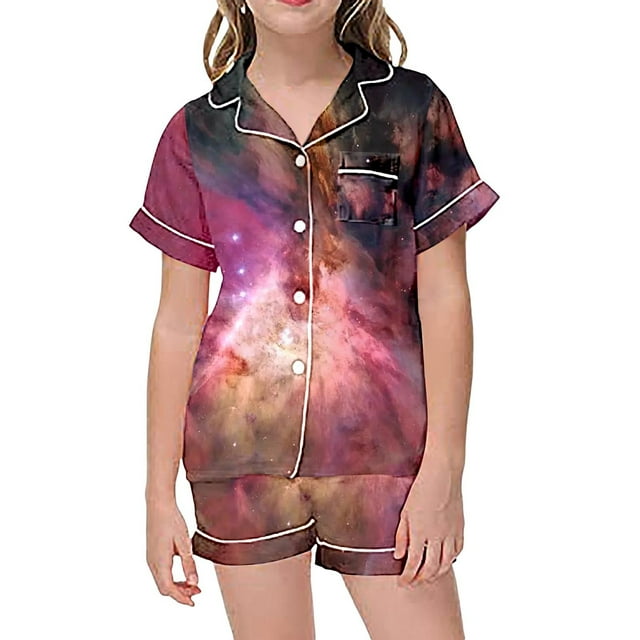 Pyjamas pour Enfants Filles Imprimé Galaxie Coloré Bouton Col à Revers Manches Courtes Ensemble de Pyjama Satin 2 Pcs Rose 10 Ans-11 Ans