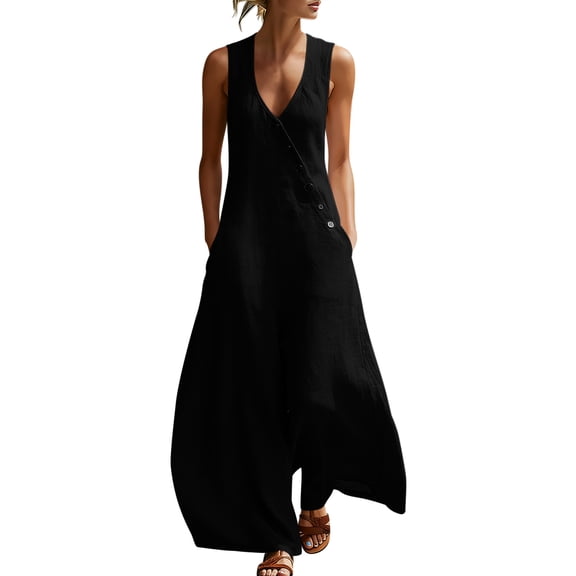 Iyufng Womens Jumpsuits Sleeveless Button Front Jumpsuits Summer Casual Loose Wide Leg Jumpsuits Overalls