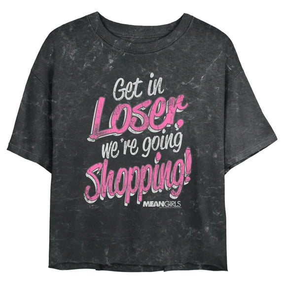 Junior's Mean Girls Distressed Get In Loser Graphic Crop T-Shirt Black X Large