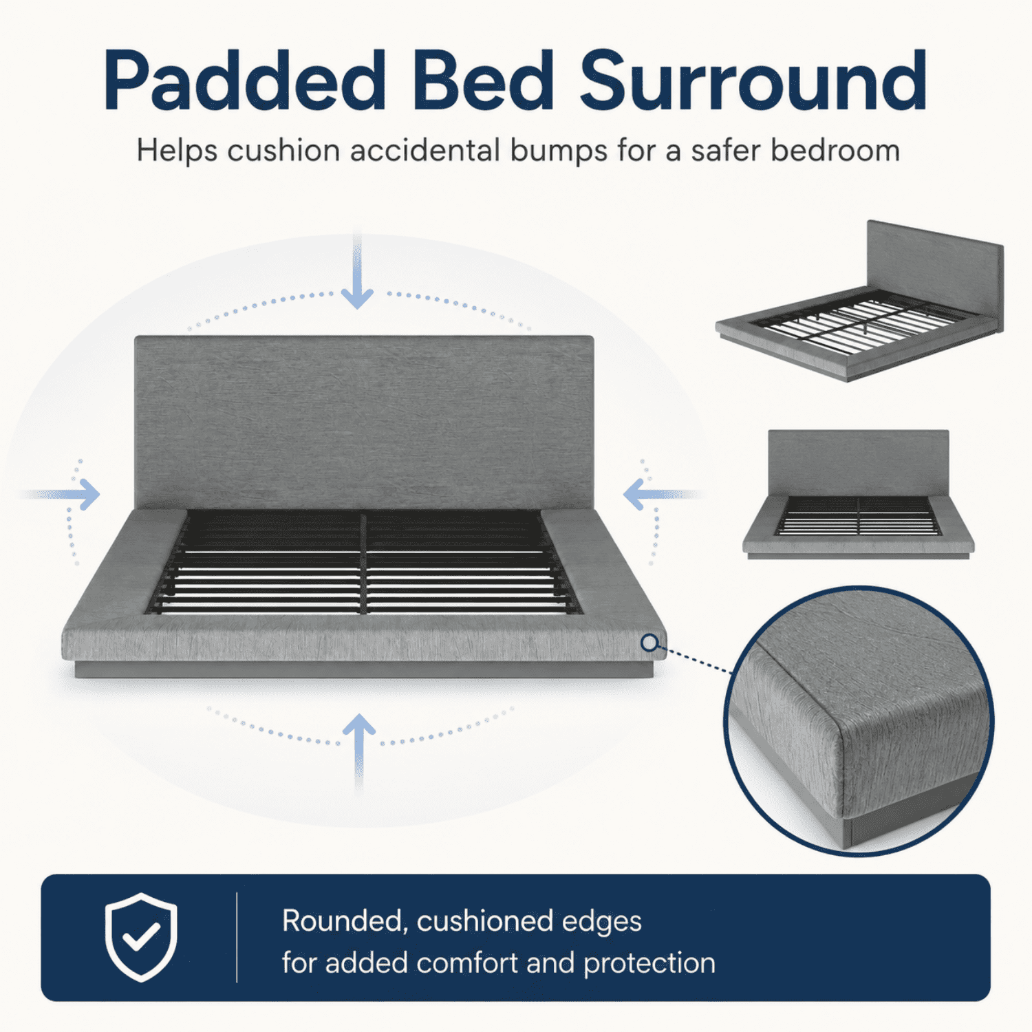 Miniyam Queen Modern Upholstered Platform Bed Frame with Padded Headboard, Floating Style Bed with Metal Slat Support, Gray
