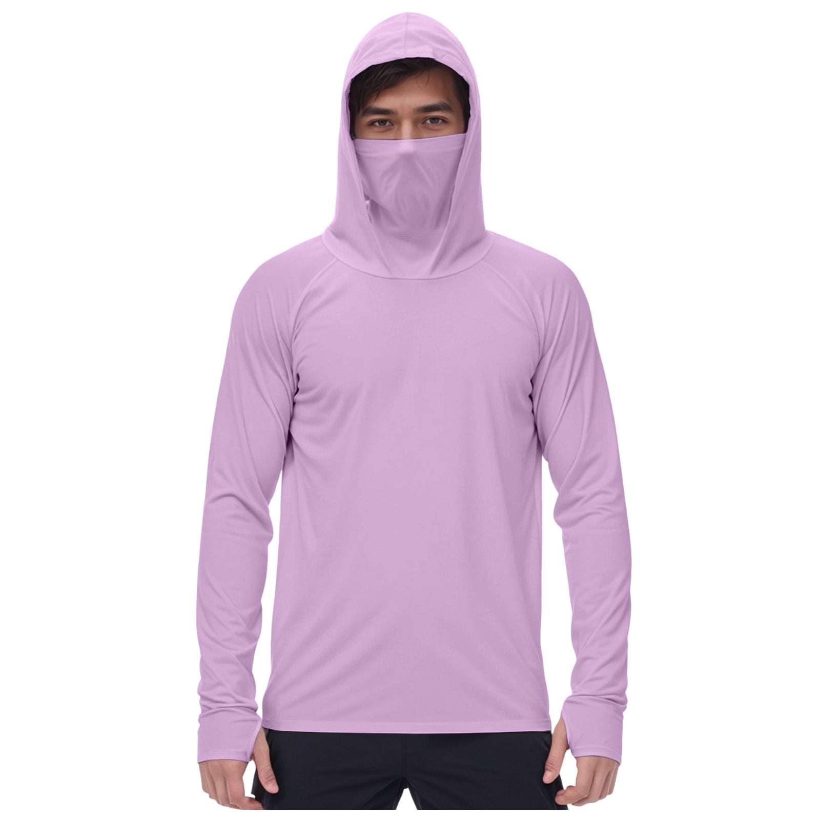 GEWSEY Men s UPF 50+ Sun Protection Hooded Shirt with Integrated Face Cover Long Sleeve Lightweight Rash Guard Shirts (Purple S)