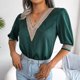 thumbnail image 4 of Moda mujer Casual encaje Patchwork cuello pico 1/2 manga temperamental suelta camiseta verano blusa Tops Pompotops  hkajfhjk472142, 4 of 8