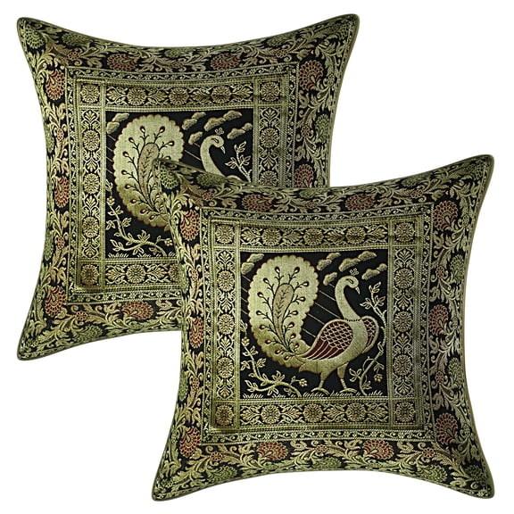 Stylo Culture Ethnic Living Room Brocade Black And Gold Throw Pillow Covers 16x16 Jacquard Weave Sofa Christmas Decorative Pillow Covers Dancing Peacock Floral 40x40 cm Cushion Covers (Set Of 2)