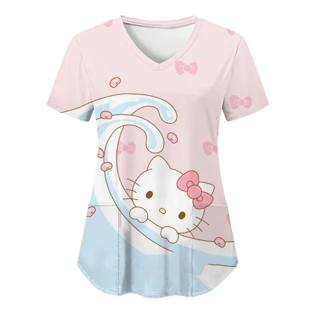 RWJDXD RWJDXD Uniforme d'Infirmière, Blouses Hello Kitty pour Femmes, Imprimé Cartoon, Manches Courtes, Poches, Uniformes Médicaux