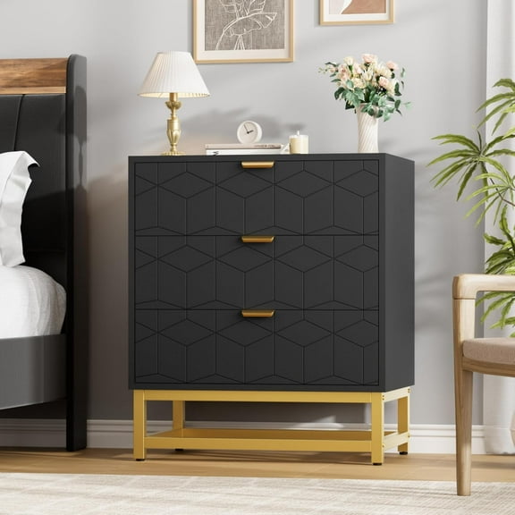 Black 3 Drawer Wooden Dresser with Gold Handles, Modern Bedside Nightstand Storage Chest for Bedroom Closet