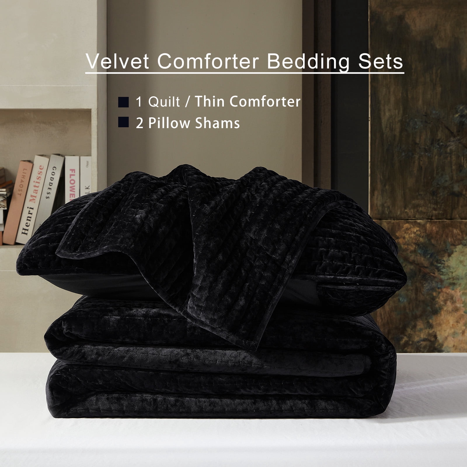 Luxury Velvet Quilt Set King Size 98''x106'', Ultra-Soft Striped Channel Comforter with Exquisite Rice Stitch Detailing, Lightweight All-Season Bedspread Coverlet w/ 2 Shams, Black