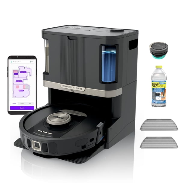 Robot aspirador y trapeador Shark, PowerDetect NeverTouch Pro, autovaciado, autorecarga con almohadilla autolimpiable para lavado y secado, capacidad de recolección de residuos de 60 días, depósito de