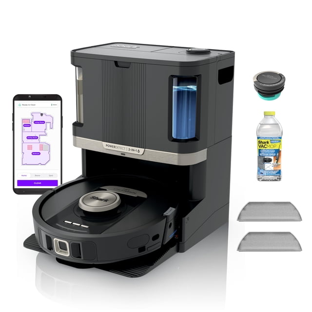 Robot aspirador y trapeador Shark, PowerDetect NeverTouch Pro, autovaciado, autorecarga con almohadilla autolimpiable para lavado y secado, capacidad de recolección de residuos de 60 días, depósito de
