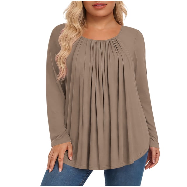 Hauts pour Femmes Grande Taille, Chemises Décontractées à Manches Longues Coupe Décontractée, Blouses à Col Rond T-Shirt Surdimensionné Confortable, Tenue d'Intérieur Tendance 2026 pour Usage Quotidien